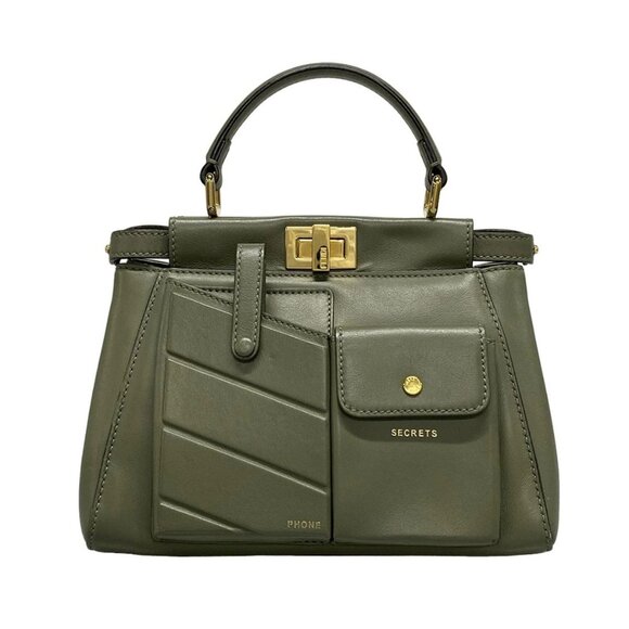 Auth FENDI Mini Peekaboo Pocket 8BN311 Khaki Leather - Handbag - Picture 1 of 16